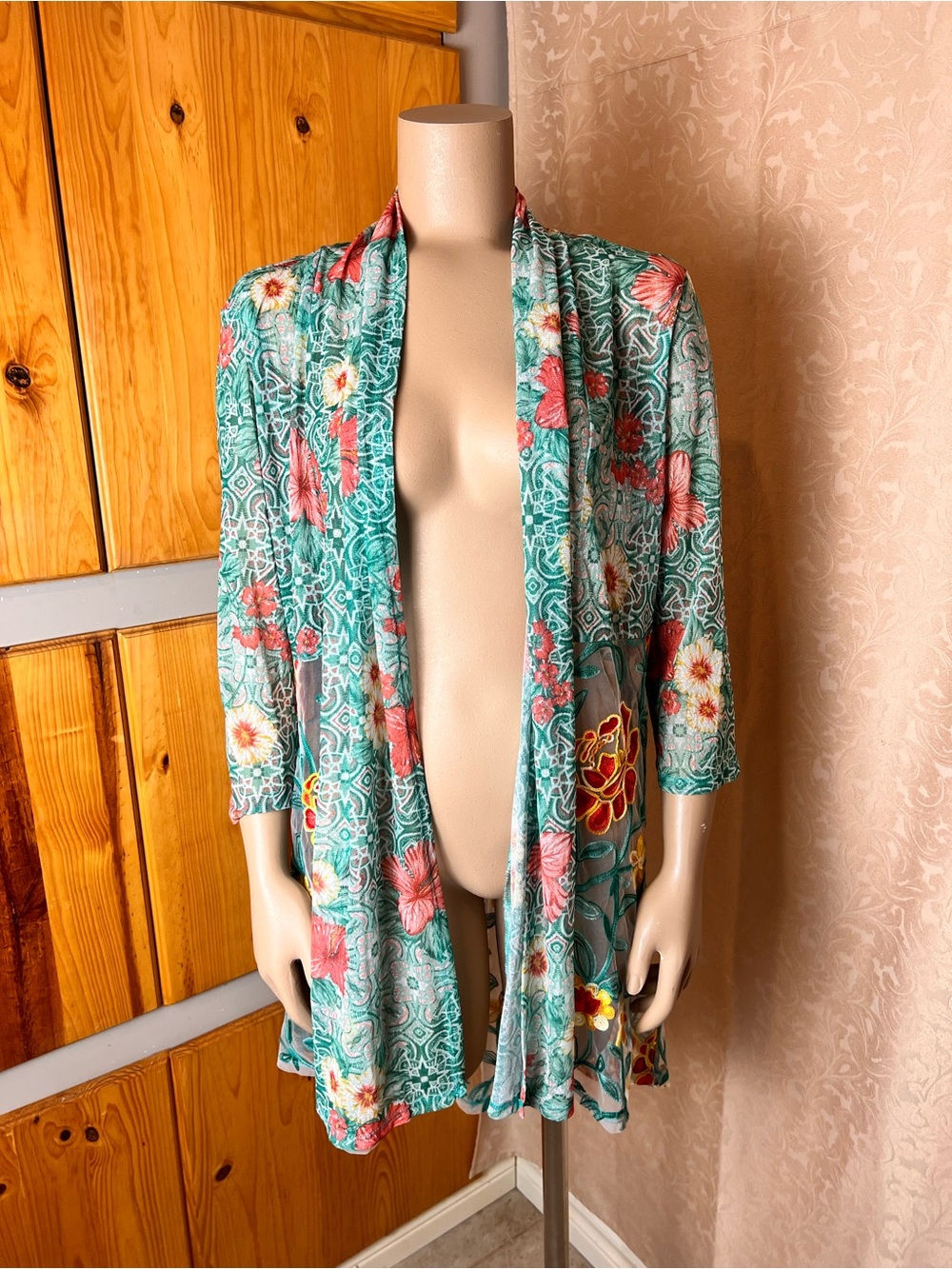 RUBY RD. Turquoise Embroidered Floral Sheer Mesh Flowy Kimono Cardigan - Sz S